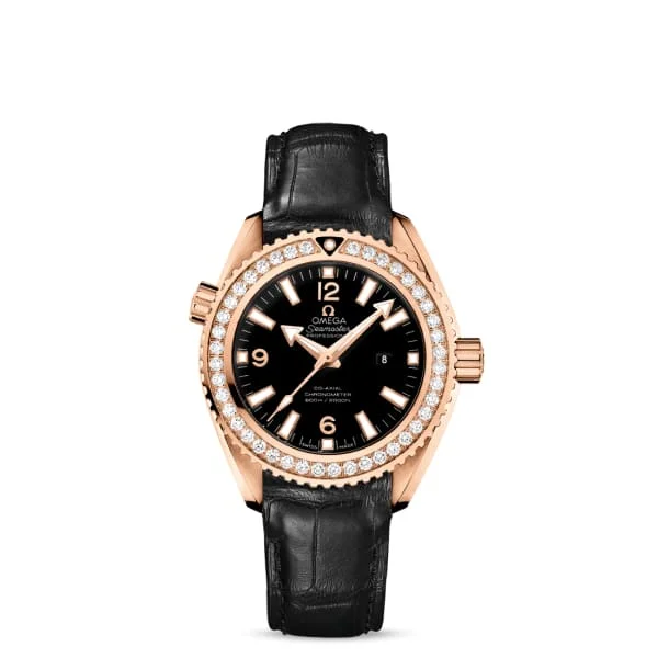 Shop Omega Watches for Legendary Style –Omega Seamaster 38mm Watch - Ref: 232.58.38.20.01.001 - Black Index Dial & Diamond Bezel in 18K Rose Gold Case, Black Leather Strap