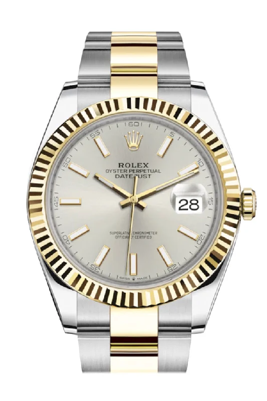 Explore Rolex Watches with Premium Craftsmanship –Rolex Datejust 41 Silver Dial Fluted Bezel 18k Yellow Gold Mens Watch 126333