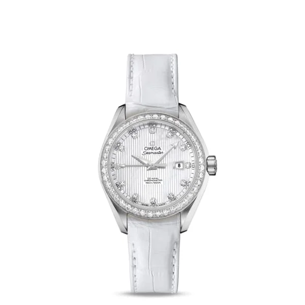 Omega Watches: Where Swiss Precision Meets Style –Omega Seamaster 34mm Watch - Ref: 231.18.34.20.55.001 - White Mother of Pearl Diamond Index Dial & Diamond Bezel, White Leather Strap