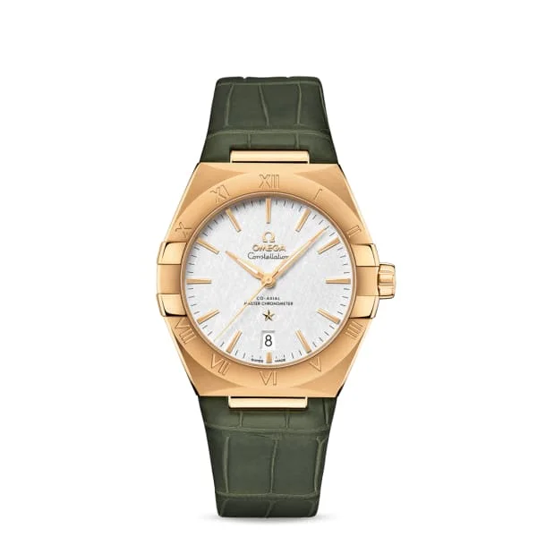 Luxury Omega Watches for Every Occasion –Omega Constellation 39mm Watch - Ref: 131.53.39.20.02.002 - Silver Index Dial in 18K Yellow Gold Case, Green Leather Strap