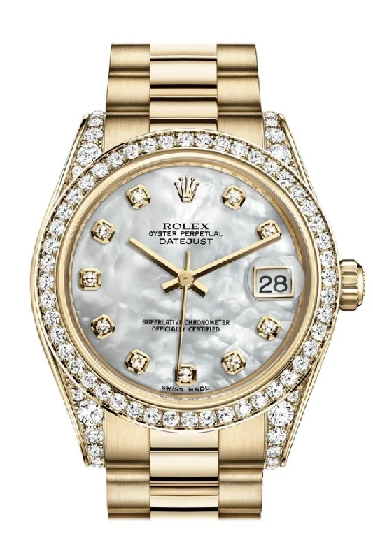 Rolex Watches: The Ultimate Luxury Experience –Rolex Datejust 31 White Mother of Pearl Dia Dial Diamond Bezel Lug 18K Yellow Gold President Ladies Watch 178158 Pre-owned