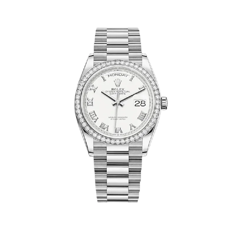 Rolex Watches with Legendary Craftsmanship –Rolex Day-Date 128349RBR White Gold Diamond Bezel White Dial