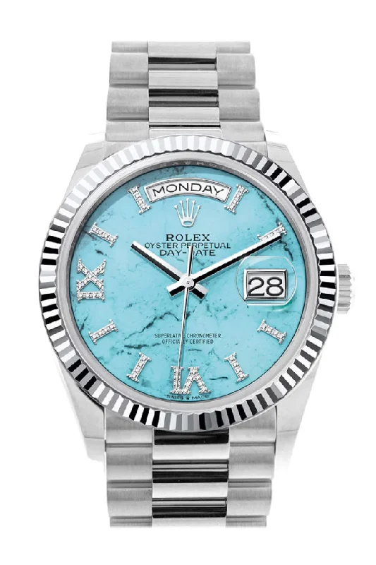 Timeless Rolex Timepieces Available Today –Rolex Day-Date 36 Turquoise Diamond Dial Fluted Bezel Platinum President Watch 128236