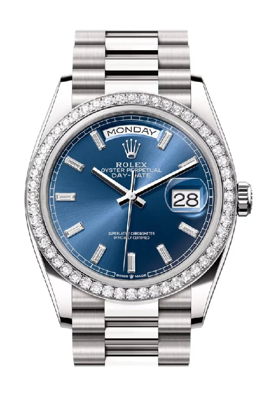 Find Iconic Rolex Watches for Every Wrist –Rolex Day Date 36mm Bright Blue Diamond Dial Diamond Bezel White Gold President Bracelet 128349RBR