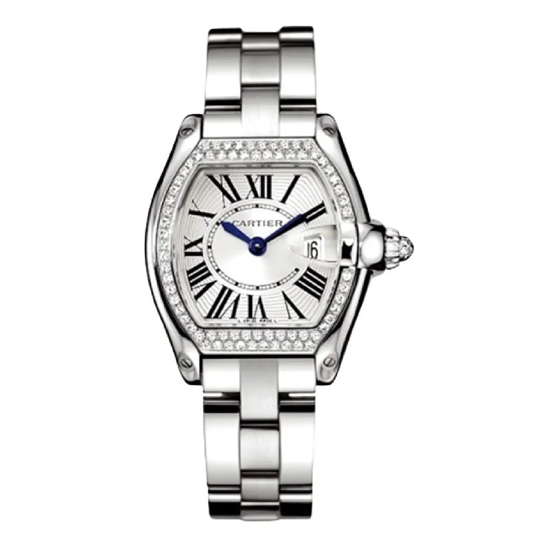 Shop Cartier Watches for Ultimate Precision –Cartier Roadster 36.5mm Watch - Ref: WE5002X2 - Silver Roman Dial & Diamond Bezel, 18K White Gold Bracelet