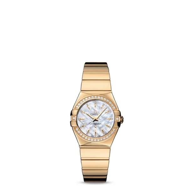 Discover the Best Omega Watches for Collectors –Omega Constellation 27mm Watch - Ref: 123.55.27.60.55.008 - White Mother of Pearl Diamond Index Dial & Diamond Bezel, 18K Yellow Gold Bracelet