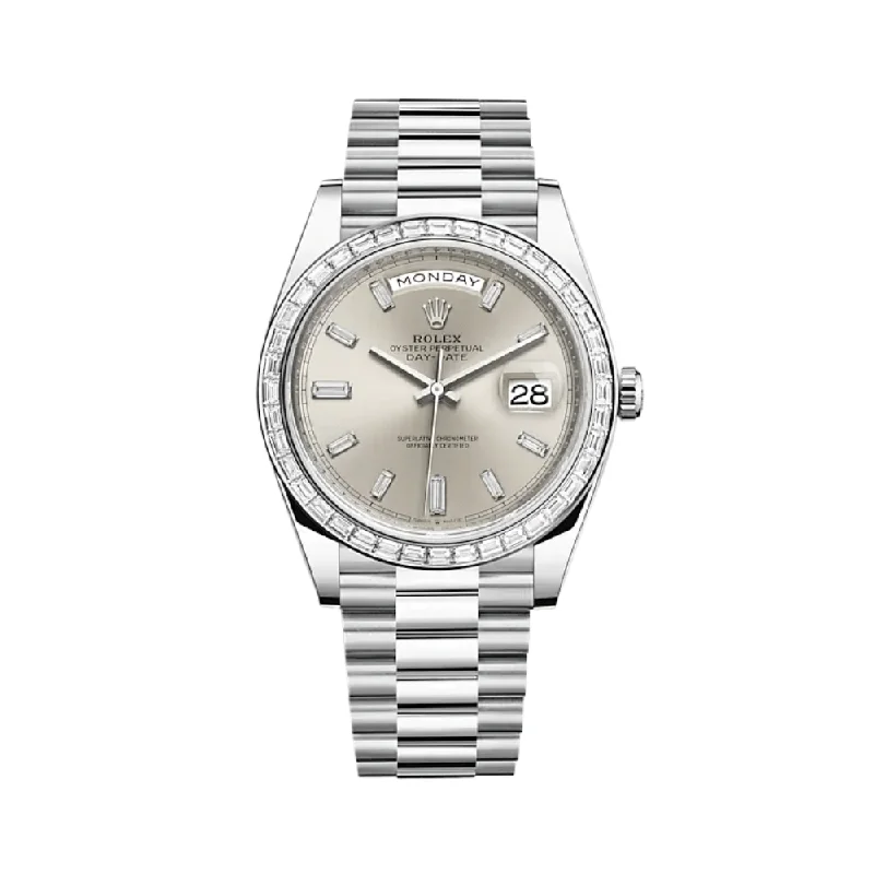 Discover Rolex Watches: A Mark of Excellence –Rolex Day-Date 228396TBR Platinum Diamond Bezel Silver Diamond Dial