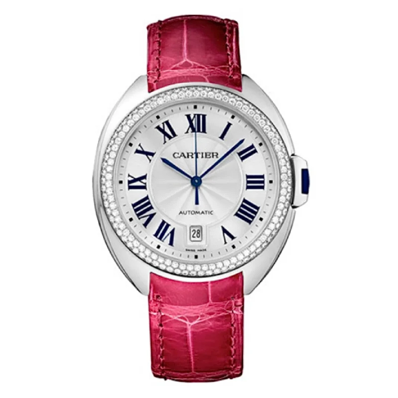 Cartier Watches: Built for the Elite Collector –Cartier Cle de Cartier 40mm Watch - Ref: WJCL0011 - Silver Roman Dial & Diamond Bezel in 18K White Gold Case, Pink Alligator Strap