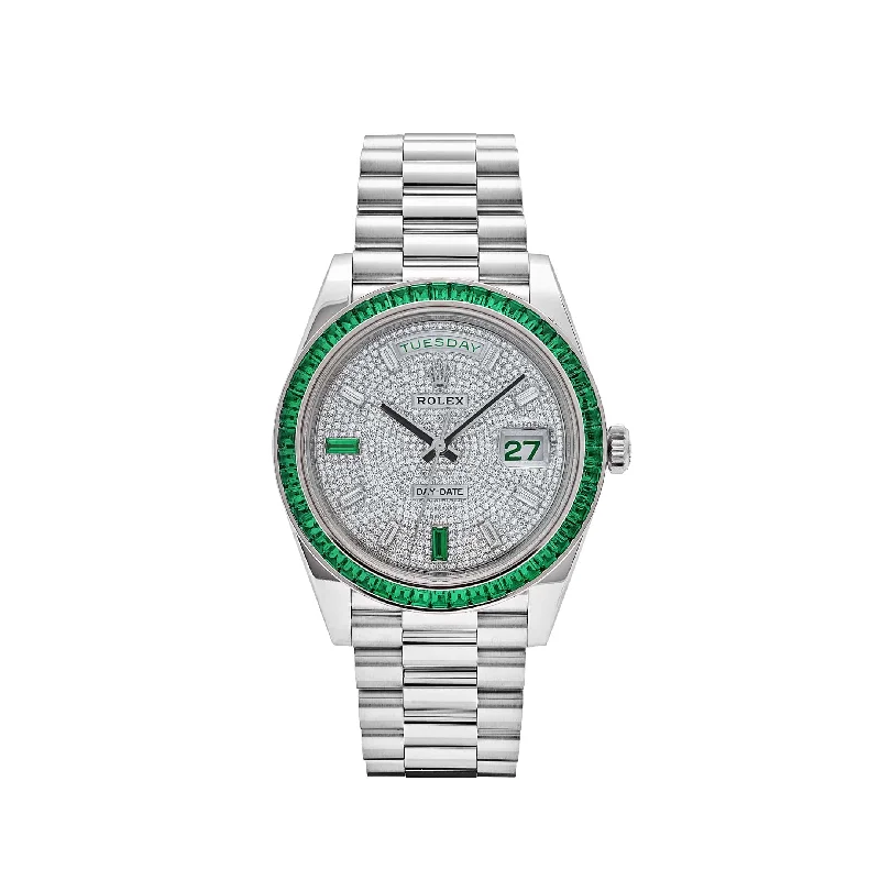 Explore Rolex Watches for Timeless Appeal –Rolex Day-Date 228396TEM Platinum Diamond Dial Emerald Bezel