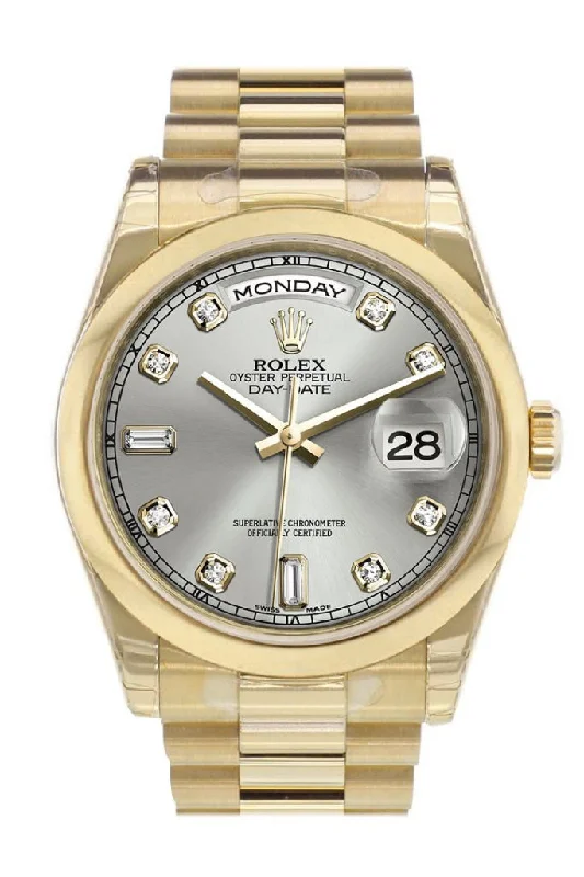 Discover Rolex’s Signature Timepieces –Rolex Day-Date 36 Silver Diamonds Dial President Yellow Gold Watch 118208