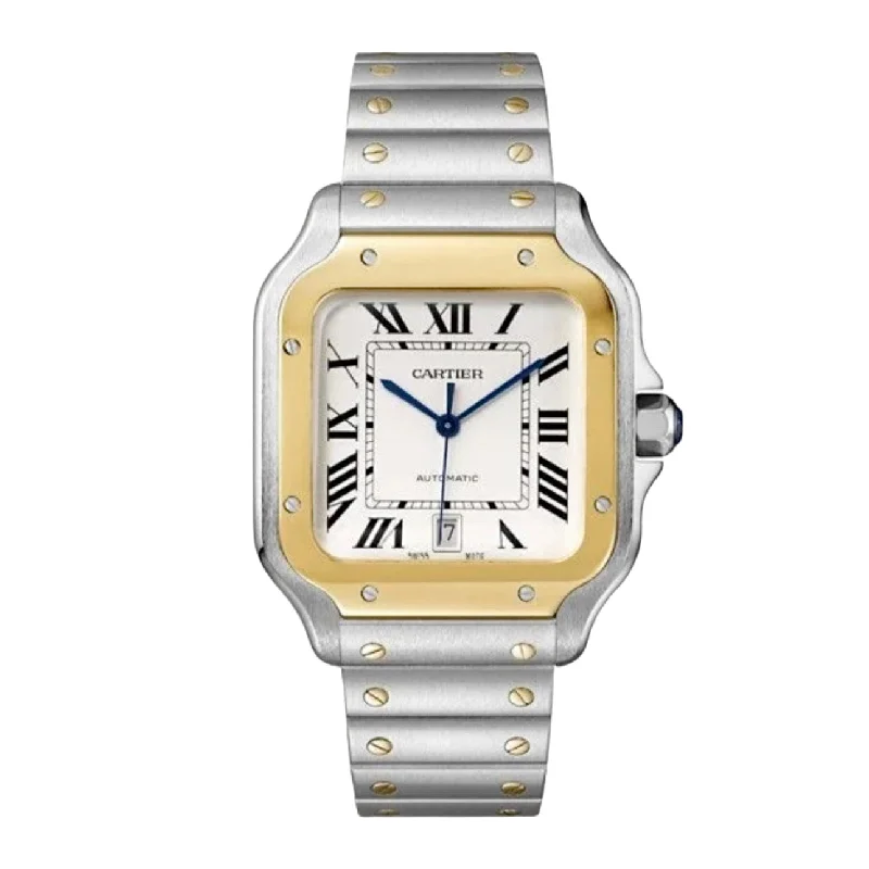 Discover Exclusive Cartier Watches –Cartier Santos 100 40mm Watch - Ref: W2SA0009 - Silver Roman Dial & 18K Yellow Gold Bezel, Two Tone Stainless Steel & 18K Yellow Gold Bracelet