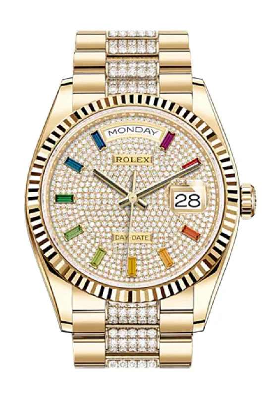 Shop for Authentic Rolex Watches –ROLEX Day-Date 36 Diamond-Paved Dial 18K Yellow Gold Watch Diamond set president Bracelet 128238