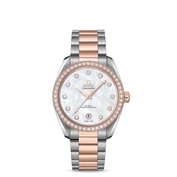 Omega Watches: Luxury, Style, and Precision Combined –Omega Seamaster 38mm Watch - Ref: 220.25.38.20.55.001 - White Mother of Pearl Diamond Index Dial & Diamond Bezel, Two Tone Stainless Steel & 18K Rose Gold Bracelet