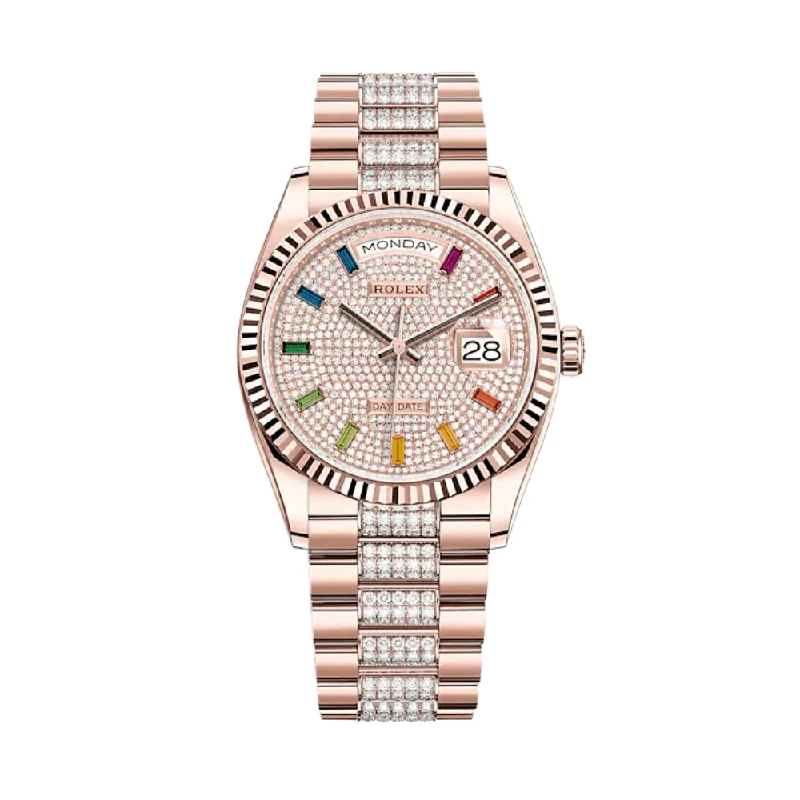 Discover Classic Rolex Timepieces Now –Rolex Day-Date 128235 Rose Gold Diamond Paved Dial