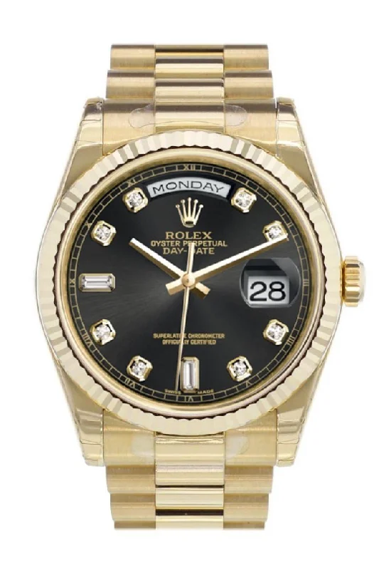 Find Rolex Watches for Every Budget –Rolex Day-Date 36 Black set with diamonds Dial Fluted Bezel President Yellow Gold Watch 118238