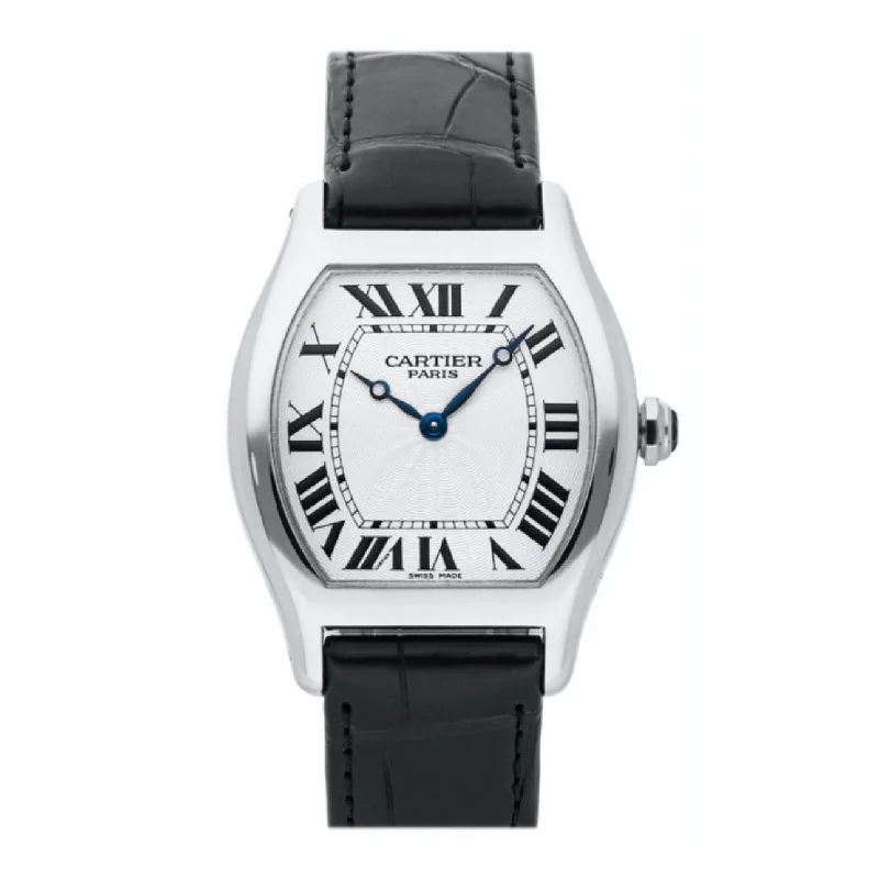 Shop Cartier Watches for the Ultimate Experience –Cartier Cartier Tortue 25.6mm Women's watch - Ref: W1546151 - Silver Guilloche Dial in Platinum Case, Black Leather Strap