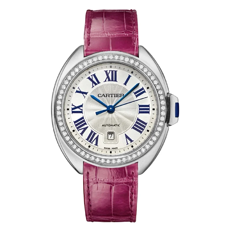 Find Cartier Watches for the Ultimate Luxury Look –Cartier Cle de Cartier 31mm Women's watch - Ref: WJCL0015 - Silver Roman Dial & Diamond Bezel in 18K White Gold Case, Pink Leather Strap