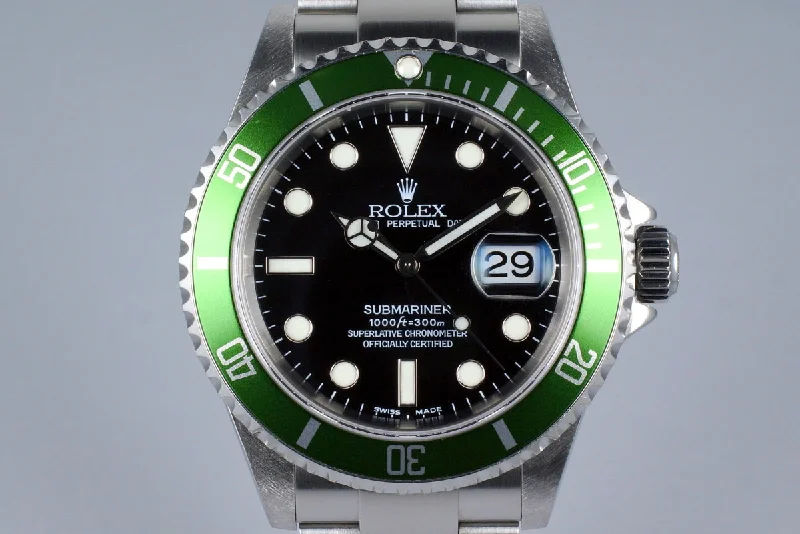 Find Rare Rolex Models Online –2004 Rolex Green Submariner 16610V Mark I Dial with Box and Service Papers