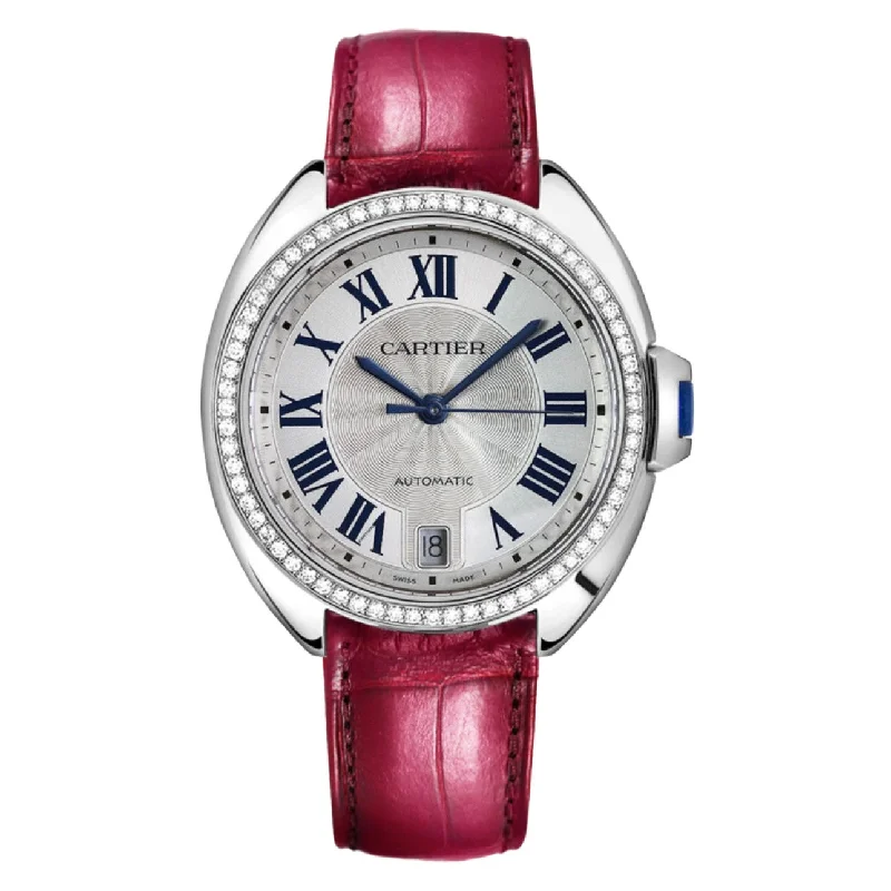 Discover the Legacy of Cartier Watches –Cartier Cle de Cartier 35mm Women's watch - Ref: WJCL0014 - Silver Roman Dial & Diamond Bezel in 18K White Gold Case, Pink Leather Strap