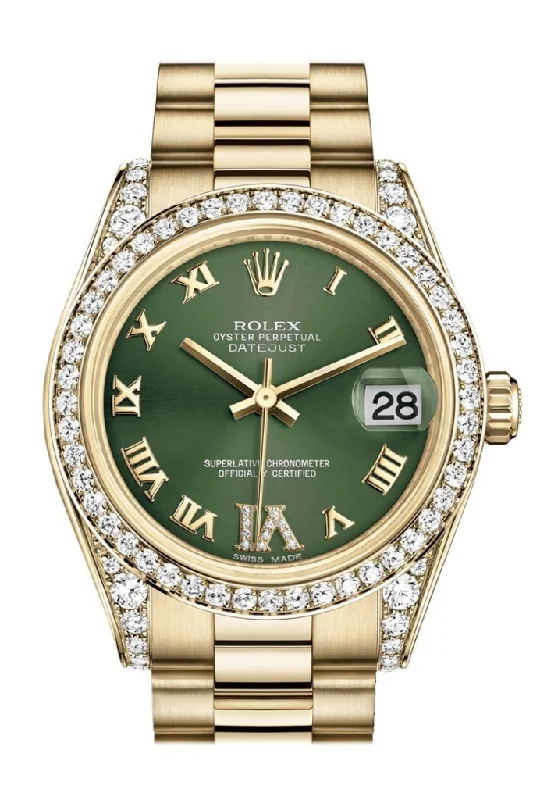 Shop Rolex Watches for the Elite Collector –Rolex Datejust 31 Olive Green VI Diamonds Dial Diamond Bezel Lug 18K Yellow Gold President Ladies Watch 178158 Pre-owned