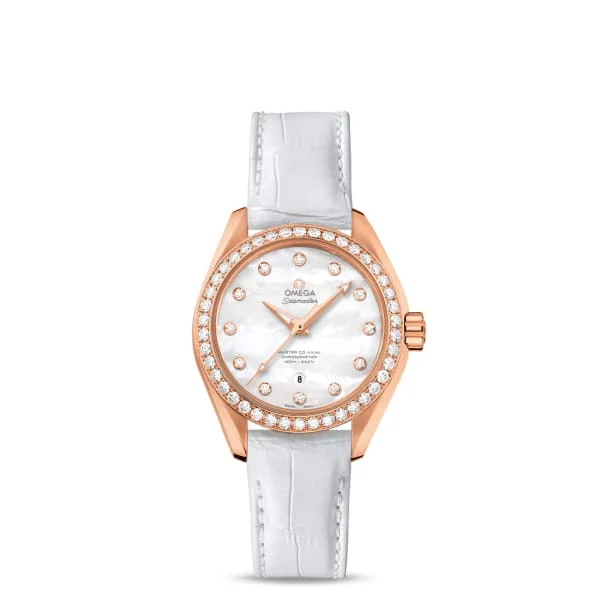 Omega Watches: A Tradition of Swiss Excellence –Omega Seamaster 34mm Watch - Ref: 231.58.34.20.55.003 - White Mother of Pearl Diamond Index Dial & Diamond Bezel in 18K Rose Gold Case, White Leather Strap