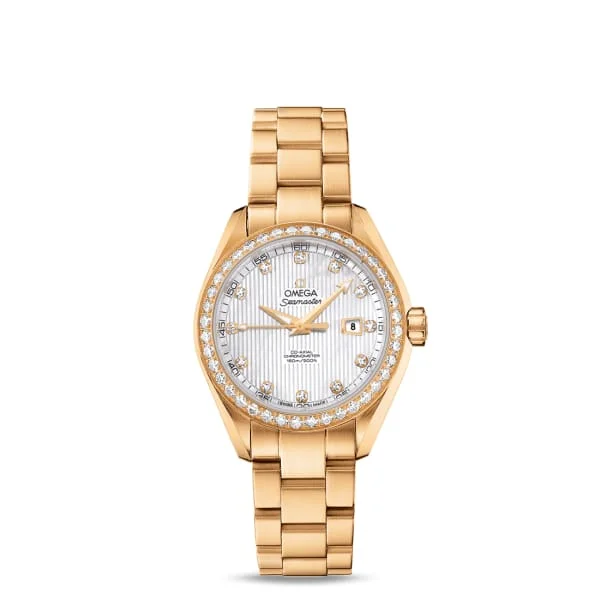 Omega Watches: Designed for Timeless Elegance –Omega Seamaster 34mm Watch - Ref: 231.55.34.20.55.001 - White Mother of Pearl Diamond Index Dial & Diamond Bezel, 18K Yellow Gold Bracelet