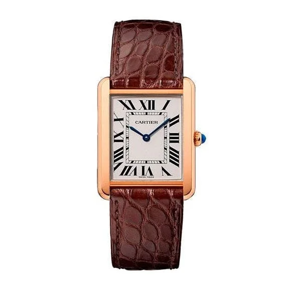 Find Exclusive Cartier Timepieces Online –Cartier Tank Solo 34.8mm Watch - Ref: W5200025 - Silver Roman Dial in 18K Rose Gold Case, Brown Alligator Strap