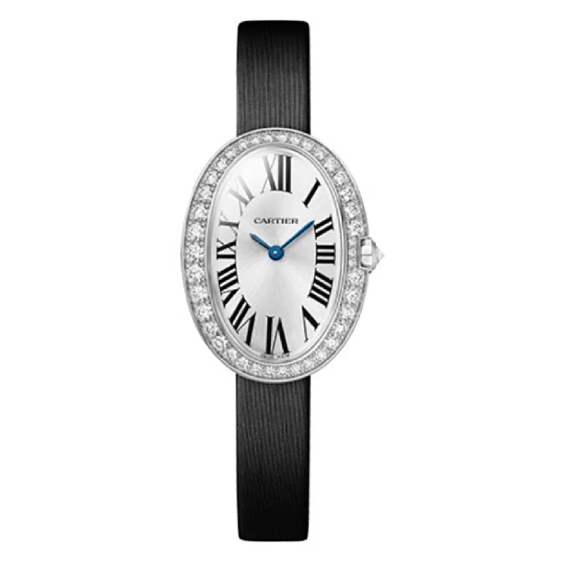 Cartier Watches: A Legacy of Luxury –Cartier Baignoire 31.6mm Women's watch - Ref: WJBA0029 - Silver Roman Dial & Diamond Bezel in 18K White Gold Case, Black Leather Strap