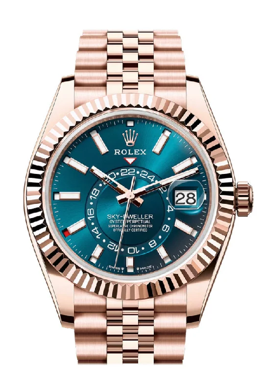 Discover Rolex Watches for the Perfect Gift –Rolex Sky Dweller Blue Green Dial Fluted Bezel Rose Gold Jubilee Bracelet 336935