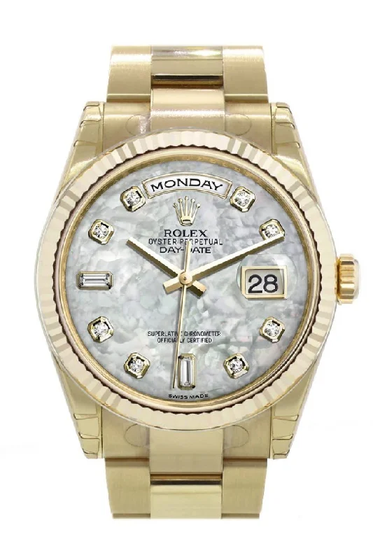 Explore Rolex Watches for Timeless Charm –Rolex Day-Date 36 White mother of pearl set with diamonds Dial Fluted Bezel Yellow Gold Watch 118238