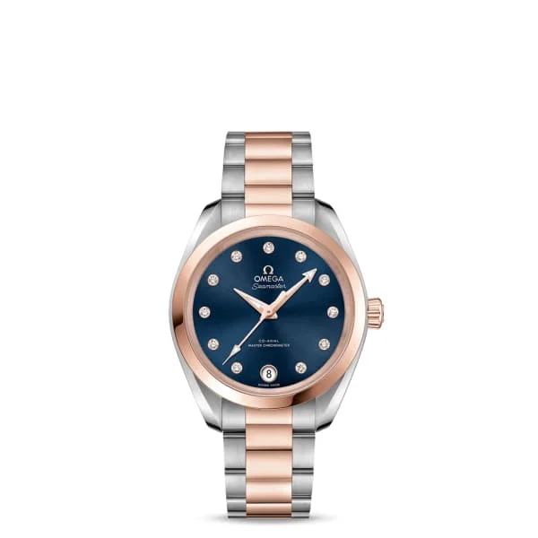 Explore Omega Watches for Precision Timekeeping –Omega Seamaster 34mm Watch - Ref: 220.20.34.20.53.001 - Blue Diamond Index Dial, Two Tone Stainless Steel & 18K Rose Gold Bracelet