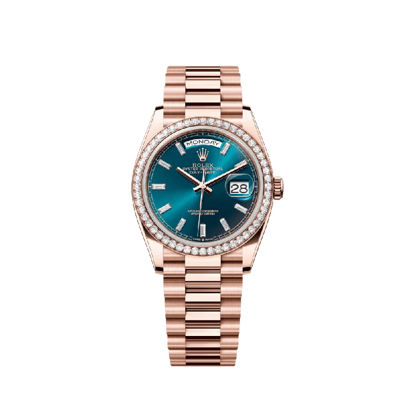 Shop Rolex Watches for Timeless Elegance –Rolex Day-Date 128345RBR Rose Gold Diamond Bezel Blue-Green Baguette Marker Dial