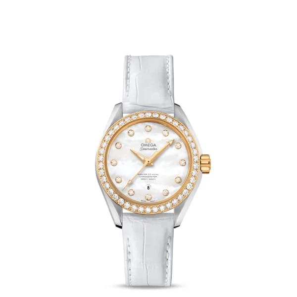 Discover Omega Watches with Legendary Appeal –Omega Seamaster 34mm Watch - Ref: 231.28.34.20.55.004 - White Mother of Pearl Diamond Index Dial & Diamond Bezel in Two Tone Stainless Steel & 18K Yellow Gold Case, White Leather Strap