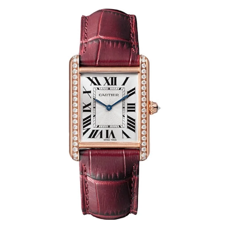 Find Exclusive Cartier Models for Timeless Style –Cartier Tank Louis 33.7mm Watch - Ref: WJTA0038 - Silver Roman Dial & Diamond Bezel in 18K Rose Gold Case, Claret Alligator Strap