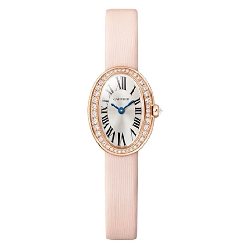 Discover Cartier Watches with Legendary Appeal –Cartier Baignoire 25.3mm Women's watch - Ref: WJBA0025 - Silver Roman Dial & Diamond Bezel in 18K Rose Gold Case, Pink Leather Strap