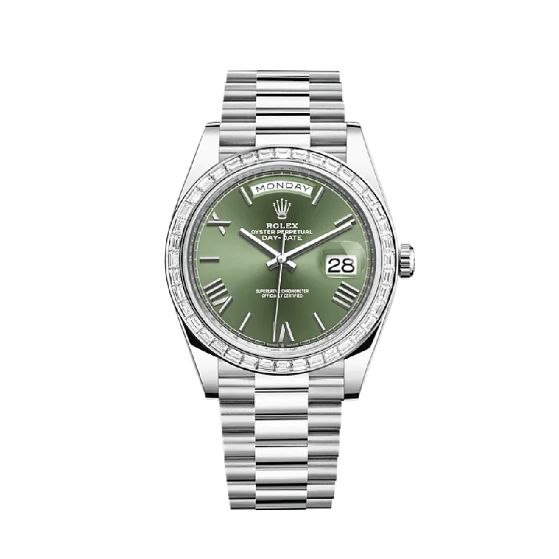 Discover Rare Rolex Watches –Rolex Day-Date 228396TBR Platinum Olive Green Dial Diamond Bezel