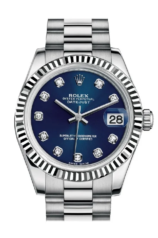 Authentic Rolex Watches for You –Rolex Datejust 31 Blue Diamond Dial Fluted Bezel 18K White Gold President Ladies Watch 178279 Pre-owned