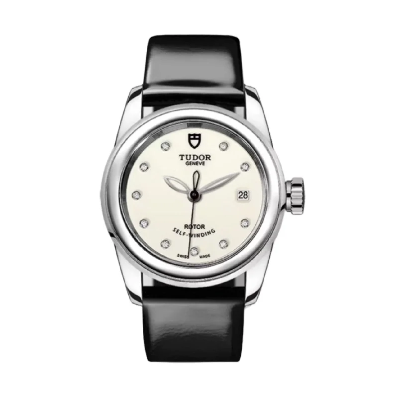 Shop Tudor Watches for Classic Designs –Tudor Glamour Date 26mm | Black patent leather strap | Opaline Diamond dial | Ladies Watch M51000-0030