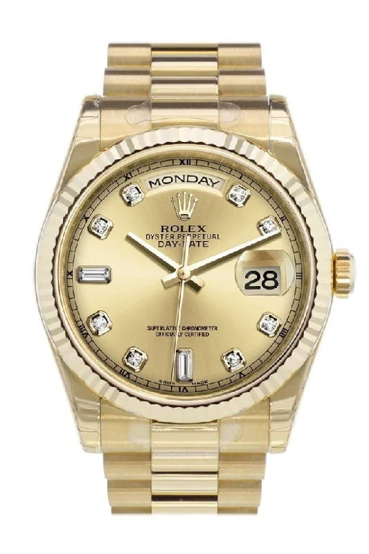 Discover the World of Rolex Timepieces Now –Rolex Day-Date 36 Champagne-colour set with diamonds Dial Fluted Bezel President Yellow Gold Watch 118238