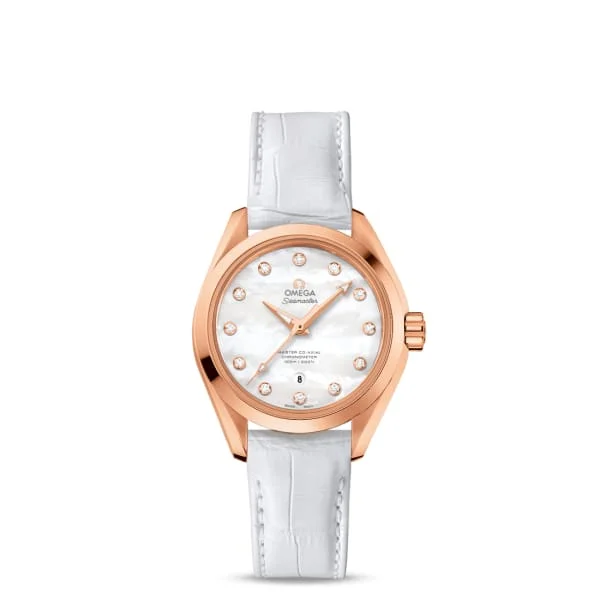 Find Omega Watches with Classic Appeal –Omega Seamaster 34mm Watch - Ref: 231.53.34.20.55.001 - White Mother of Pearl Diamond Dial in 18K Rose Gold Case, White Leather Strap