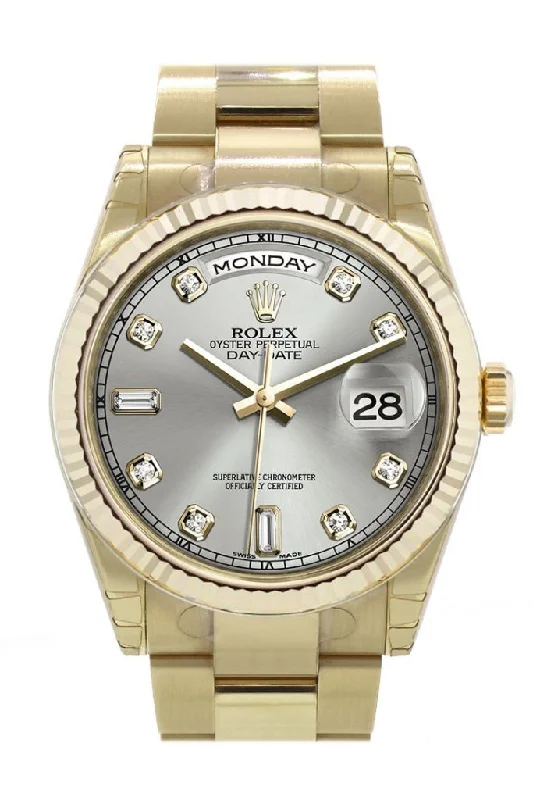 Rolex Watches: Legendary Quality and Precision –Rolex Day-Date 36 Silver set with diamonds Dial Fluted Bezel Yellow Gold Watch 118238