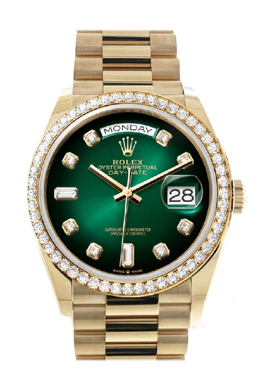 Shop Iconic Rolex Watches Today –Rolex Day-Date 36 Green Ombré Dial Gold Diamond Bezel Watch 128348RBR-0035 128348RBR