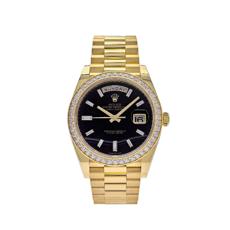 Rolex Watches: The Art of Timekeeping –Rolex Day-Date 228348RBR Yellow Gold Diamond Bezel Black Onyx Dial