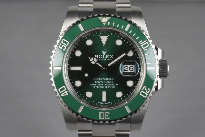 Shop Rare Rolex Timepieces for Ultimate Style –2014 Rolex Green Submariner 116610LV with Box and Papers MINT