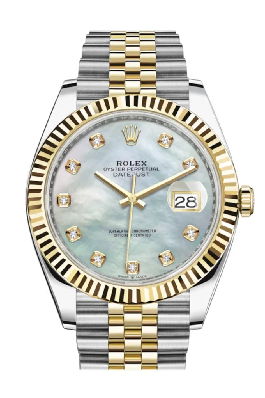 Discover Rolex Watches for the Modern Era –Rolex Datejust 41 Mother of Pearl Diamond Dial Fluted Bezel 18k Yellow Gold Jubilee Mens Watch 126333