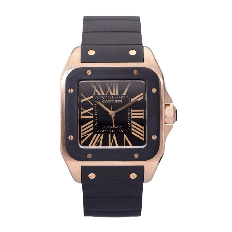 Discover Luxury Cartier Watches Now –Cartier Santos 100 58.1mm Watch - Ref: W20124U2 - Black Roman Dial in 18K Rose Gold Case, Black Rubber Strap