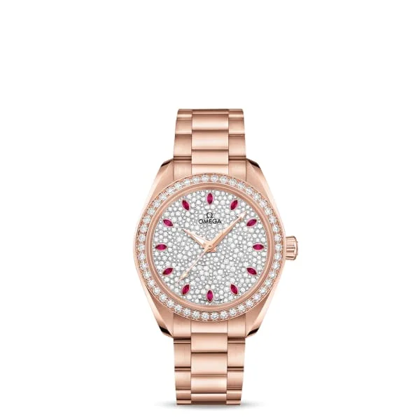 Omega Watches: Precision Timepieces for Every Wrist –Omega Seamaster 34mm Watch - Ref: 220.55.34.20.99.001 - White Pave Diamond Ruby Index Dial & Diamond Bezel, 18K Rose Gold Bracelet