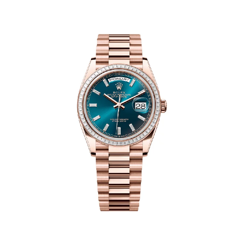 Explore Rolex’s Masterpieces of Timekeeping –Rolex Day-Date 128395TBR Rose Gold Baguette Diamond Bezel Blue-Green Dial