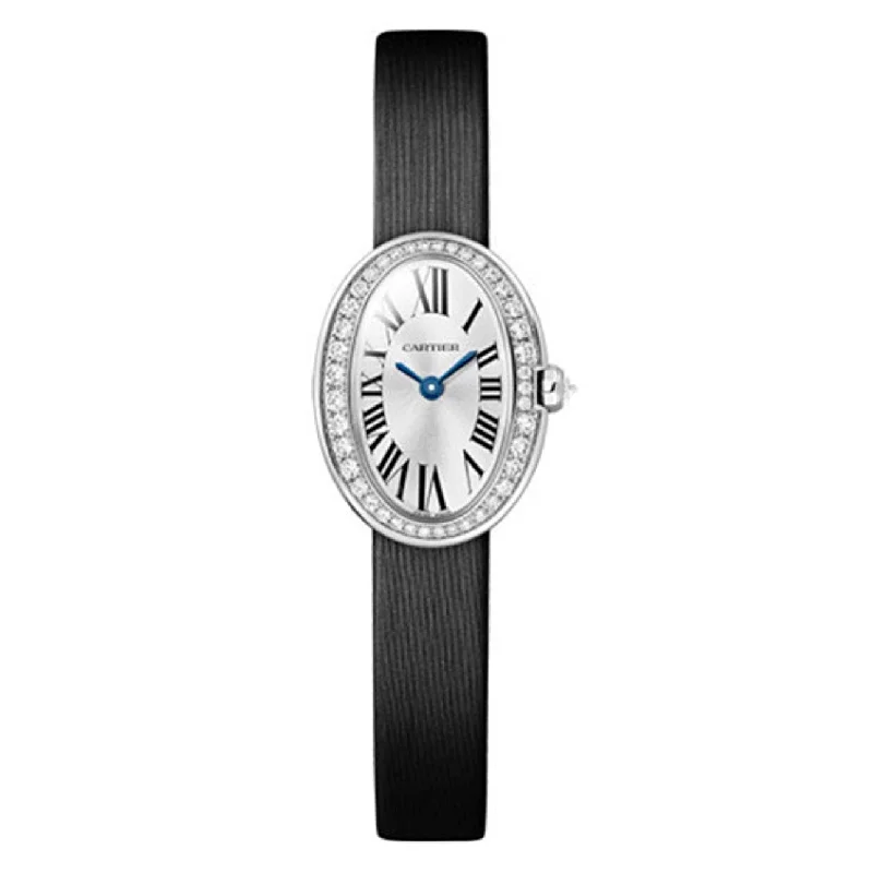 Cartier Watches: Designed for the Discerning –Cartier Baignoire 25.3mm Women's watch - Ref: WJBA0026 - Silver Roman Dial & Diamond Bezel in 18K White Gold Case, Black Leather Strap