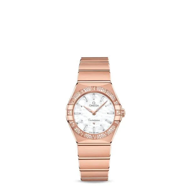 Discover Omega Watches for Timeless Appeal –Omega Constellation 28mm Watch - Ref: 131.55.28.60.55.003 - White Mother of Pearl Diamond Index Dial & Pave Diamond Bezel, 18K Rose Gold Bracelet